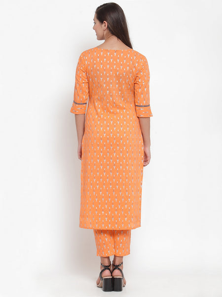 Indibelle Women Orange Cotton Foil Print Straight Kurta