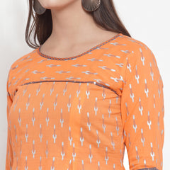 Indibelle Women Orange Cotton Foil Print Straight Kurta set