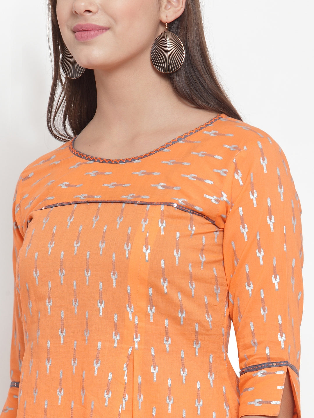 Indibelle Women Orange Cotton Foil Print Straight Kurta set