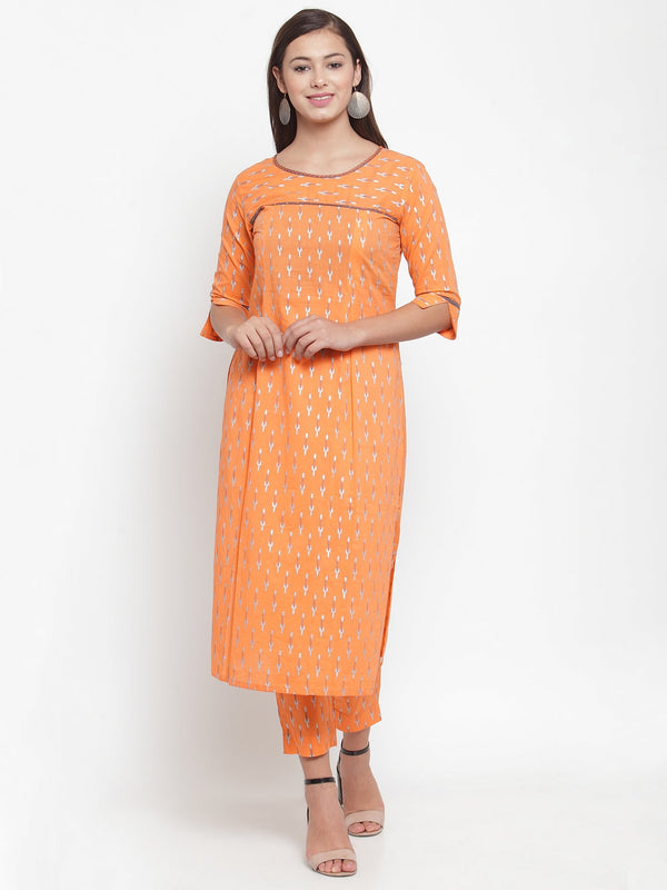 Indibelle Women Orange Cotton Foil Print Straight Kurta
