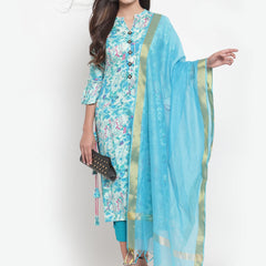 Indibelle Women Turquoise Rayon Slub Abstract Print Straight Kurta set (Turquoise)