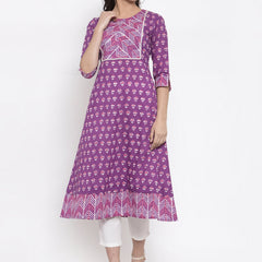 Indibelle purple cotton geometric print A-line kurta 
