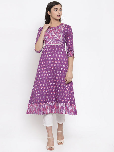 Indibelle purple cotton geometric print A-line kurta 