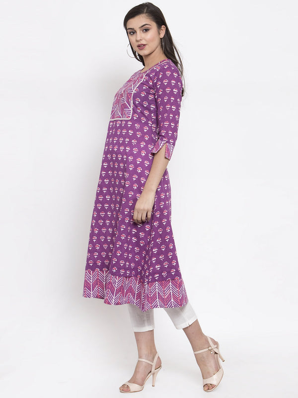 Indibelle purple cotton geometric print A-line kurta set