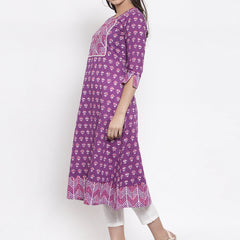 Indibelle purple cotton geometric print A-line kurta 