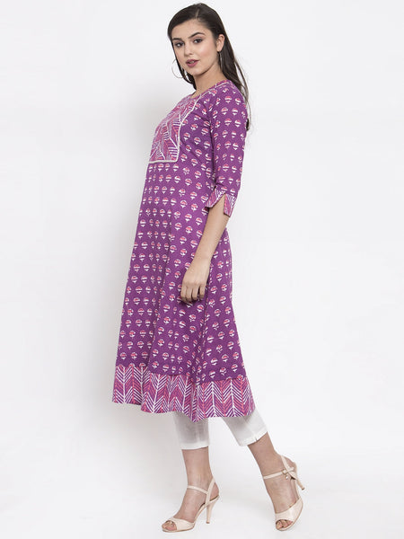 Indibelle purple cotton geometric print A-line kurta 