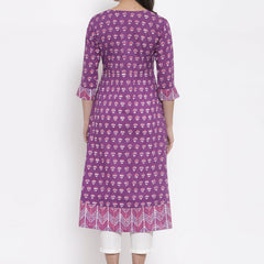 Indibelle purple cotton geometric print A-line kurta 