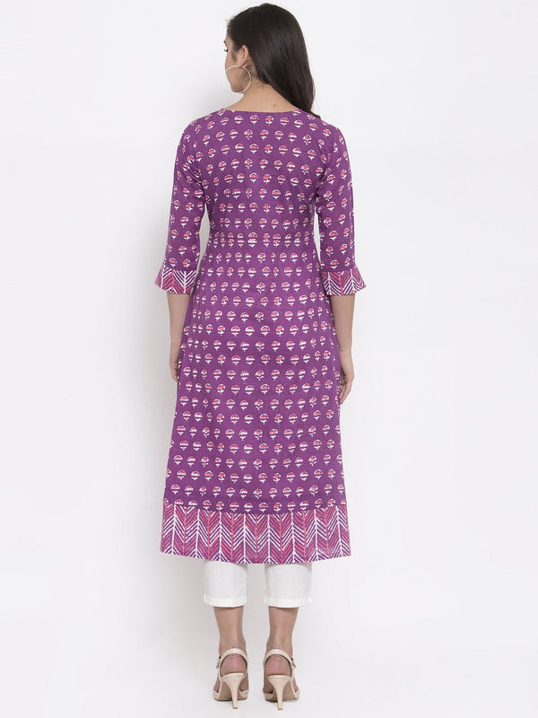 Indibelle purple cotton geometric print A-line kurta set