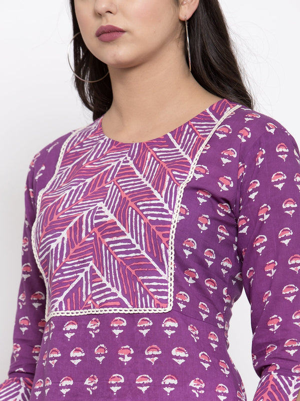 Indibelle purple cotton geometric print A-line kurta set