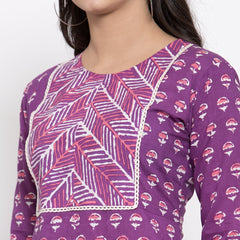Indibelle purple cotton geometric print A-line kurta 