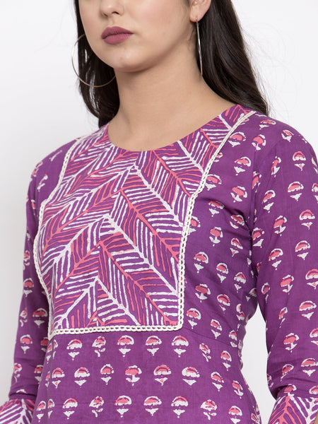 Indibelle purple cotton geometric print A-line kurta 