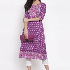 Indibelle purple cotton geometric print A-line kurta 