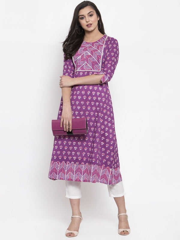 Indibelle purple cotton geometric print A-line kurta 