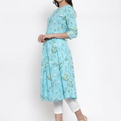 Indibelle cotton pink floral print front slit A-line kurta set