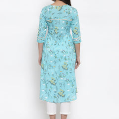 Indibelle cotton pink floral print front slit A-line kurta set