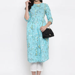Indibelle cotton pink floral print front slit A-line kurta set