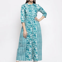 Indibelle cotton turquoise abstract print 2 side kali A-line kurta