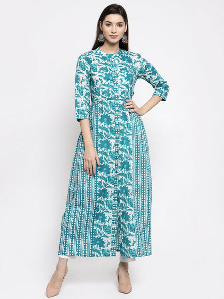 Indibelle cotton turquoise abstract print 2 side kali A-line kurta