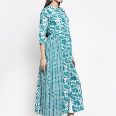 Indibelle cotton turquoise abstract print 2 side kali A-line kurta