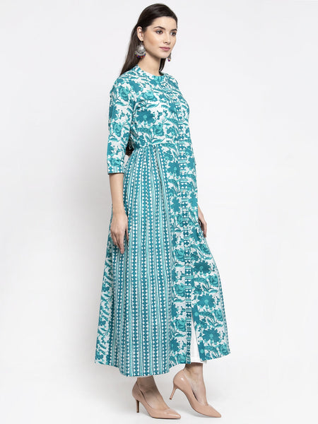 Indibelle cotton turquoise abstract print 2 side kali A-line kurta