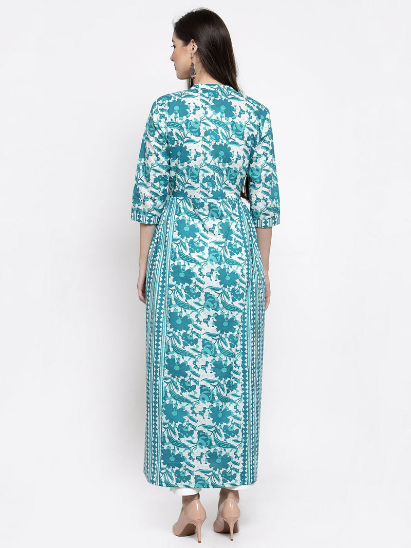 Indibelle cotton turquoise abstract print 2 side kali A-line kurta