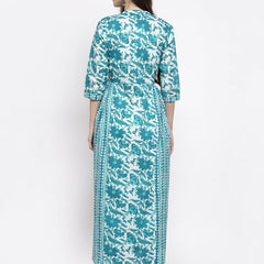 Indibelle cotton turquoise abstract print 2 side kali A-line kurta