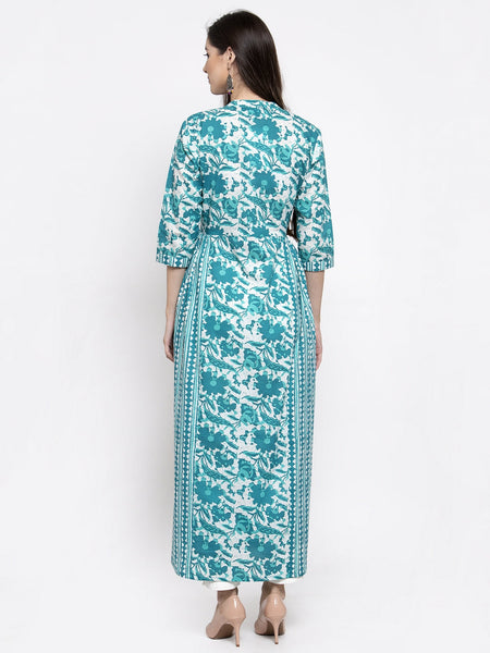 Indibelle cotton turquoise abstract print 2 side kali A-line kurta