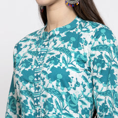 Indibelle cotton turquoise abstract print 2 side kali A-line kurta