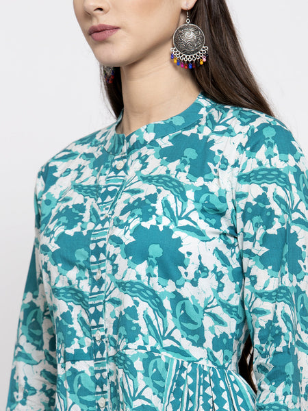 Indibelle cotton turquoise abstract print 2 side kali A-line kurta