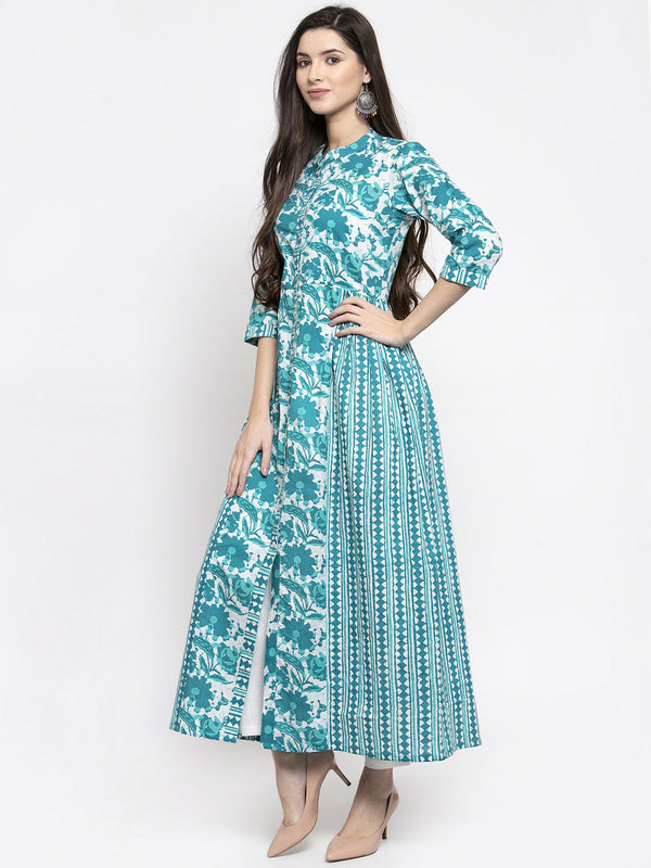 Indibelle cotton turquoise abstract print 2 side kali A-line kurta