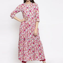 Indibelle cotton pink floral print front slit A-line kurta