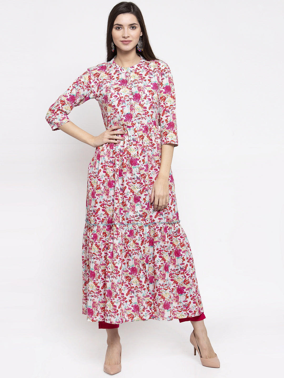 Indibelle cotton pink floral print front slit A-line kurta