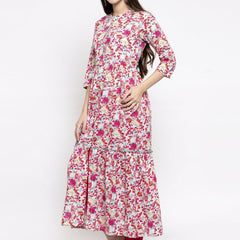 Indibelle cotton pink floral print front slit A-line kurta