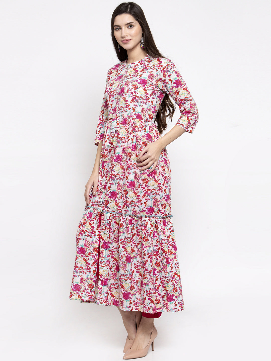 Indibelle cotton pink floral print front slit A-line kurta