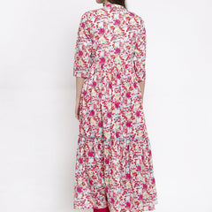Indibelle cotton pink floral print front slit A-line kurta