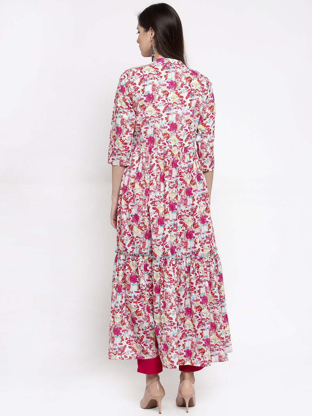 Indibelle cotton pink floral print front slit A-line kurta