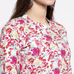 Indibelle cotton pink floral print front slit A-line kurta