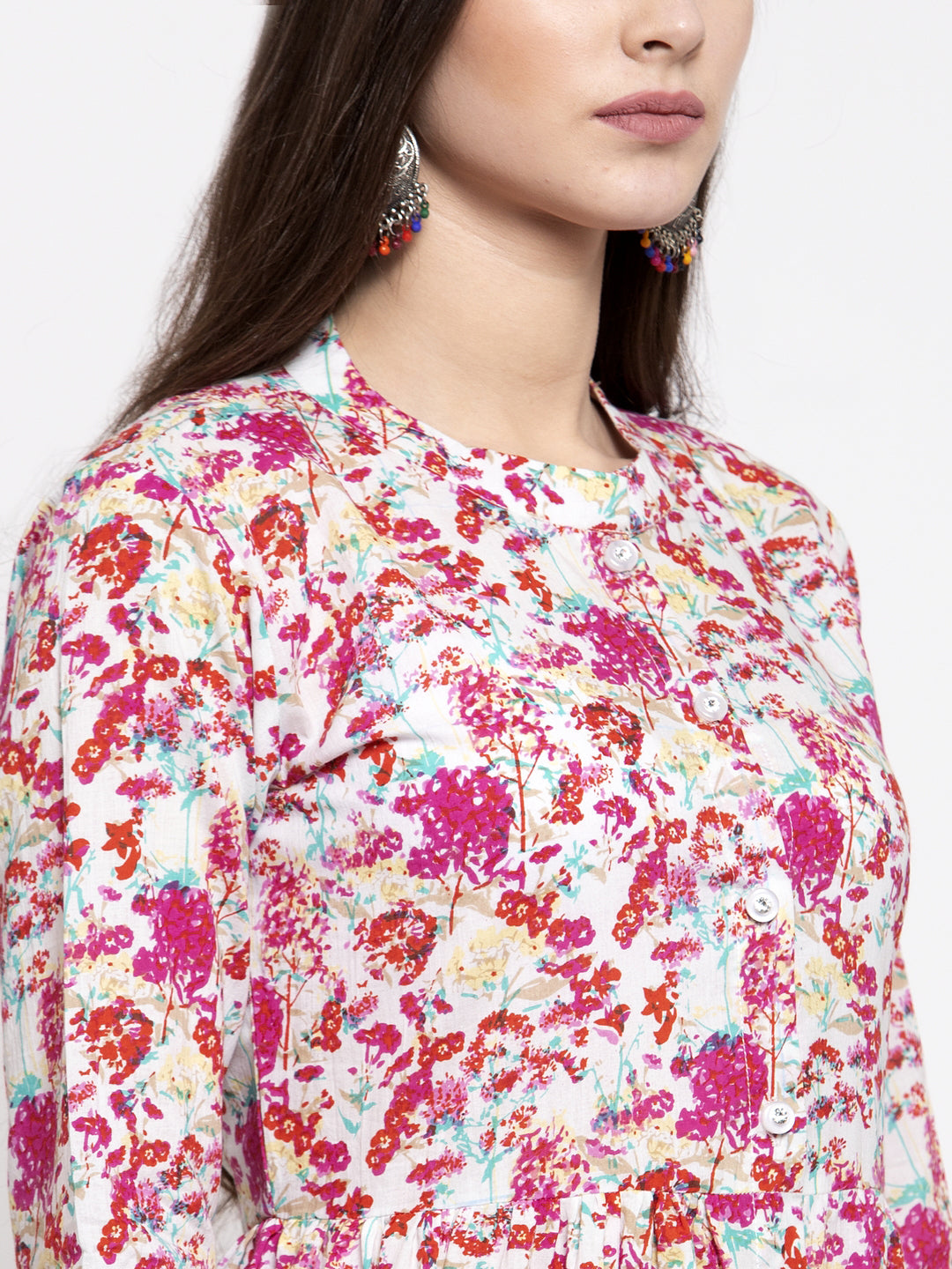 Indibelle cotton pink floral print front slit A-line kurta