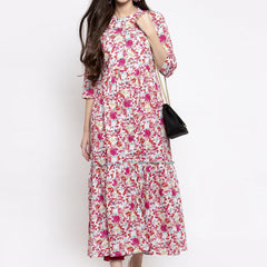 Indibelle cotton pink floral print front slit A-line kurta