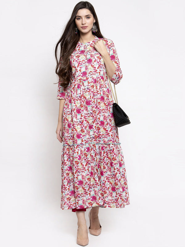 Indibelle cotton pink floral print front slit A-line kurta