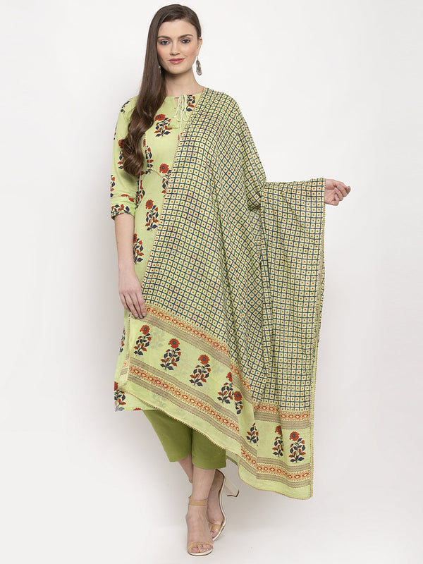 Indibelle Cotton Floral Print Kurta Pant With Dupatta (Green)