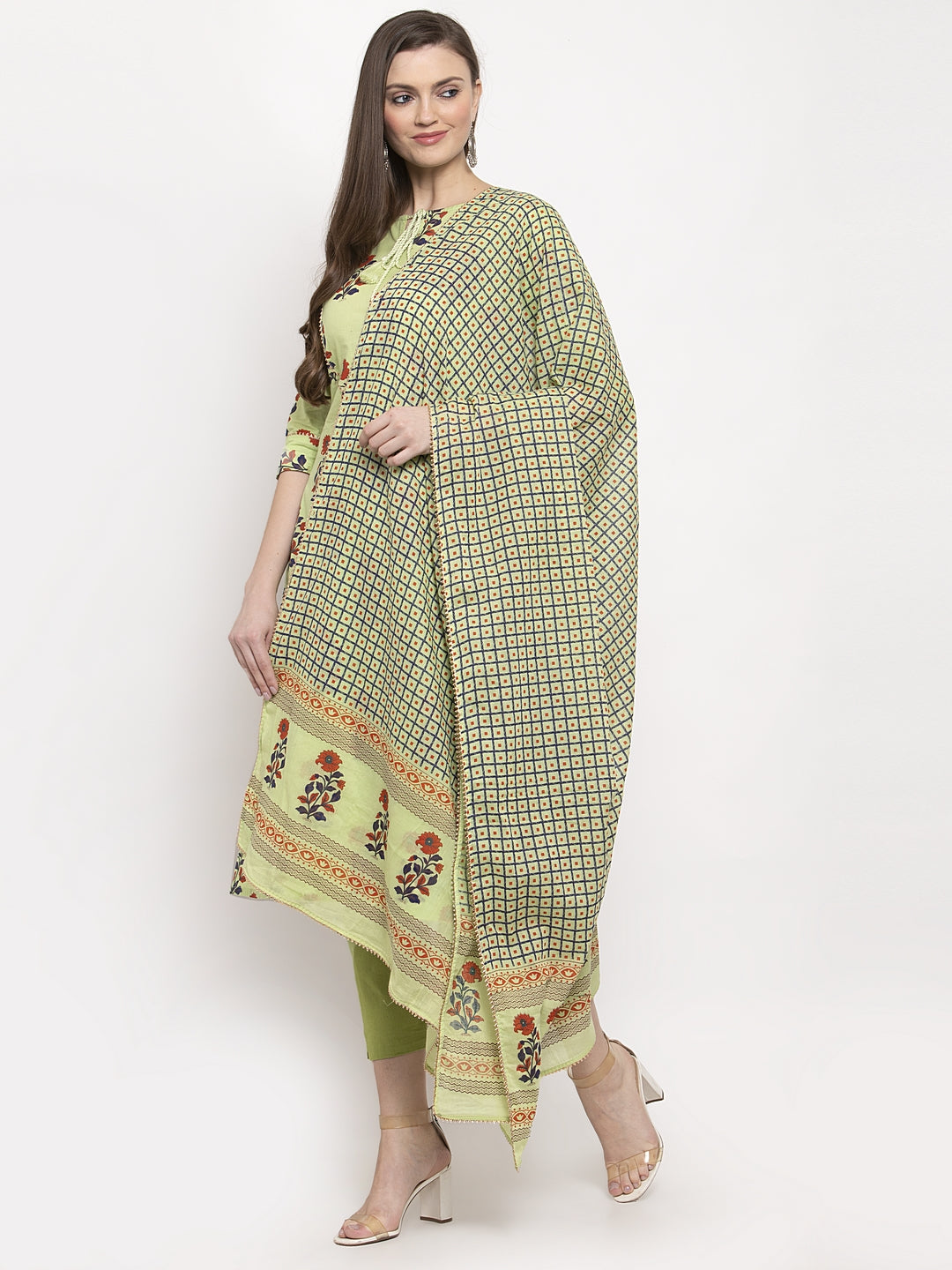 Indibelle Cotton Floral Print Straight Kurta set (Green)