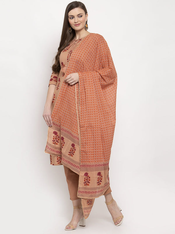 Indibelle Cotton Floral Print Kurta Pant With Dupatta (Peach)