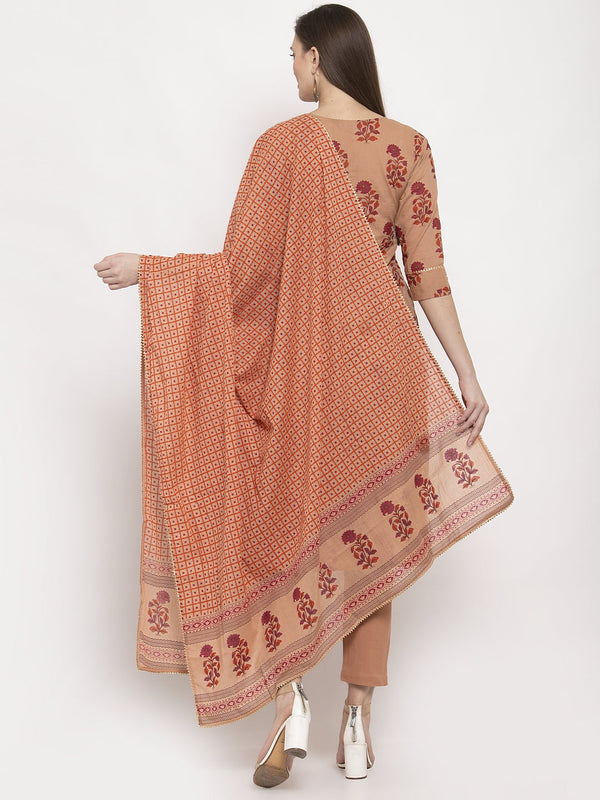 Indibelle Cotton Floral Print Kurta Pant With Dupatta (Peach)