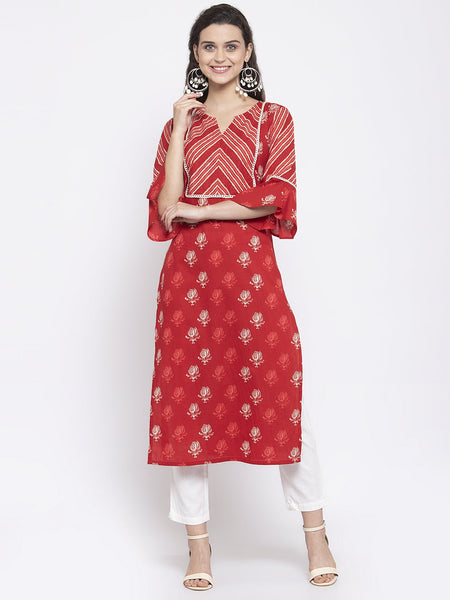 Indibelle Cotton Red Booti Floral Print Straight Kurta