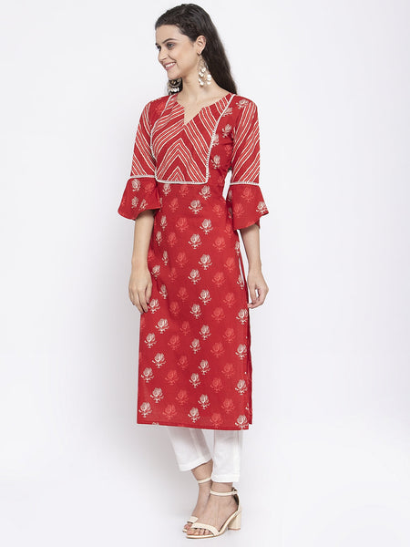 Indibelle Cotton Red Booti Floral Print Straight Kurta