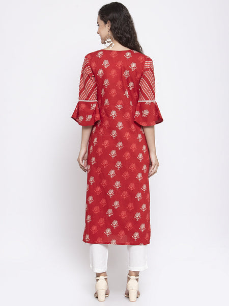 Indibelle Cotton Red Booti Floral Print Straight Kurta