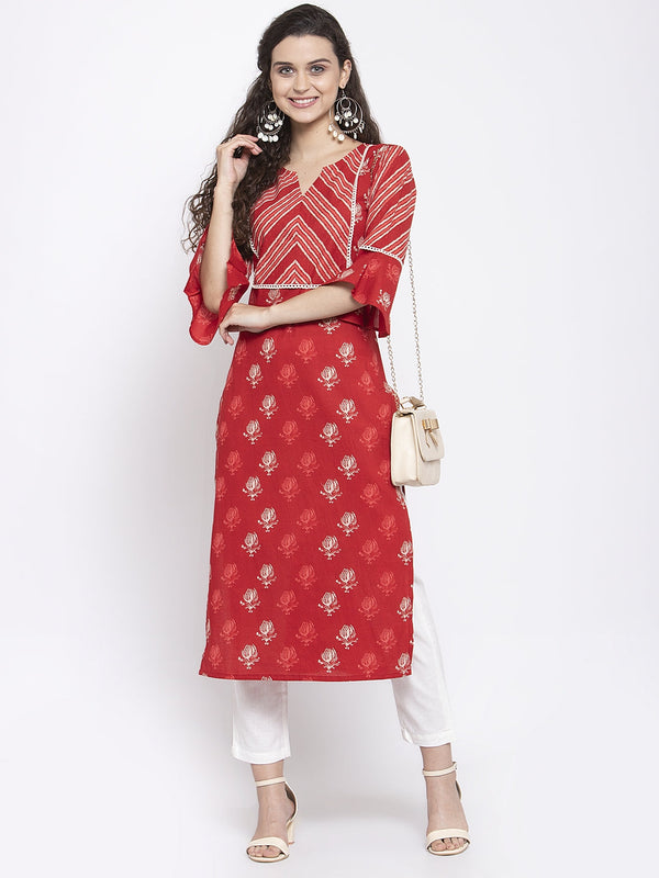 Indibelle Cotton Red Booti Floral Print Straight Kurta