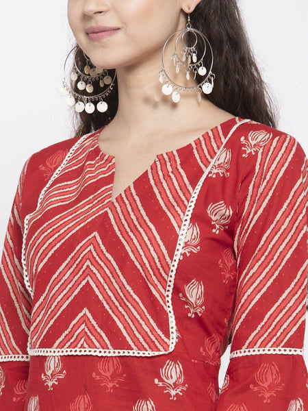 Indibelle Cotton Red Booti Floral Print Straight Kurta