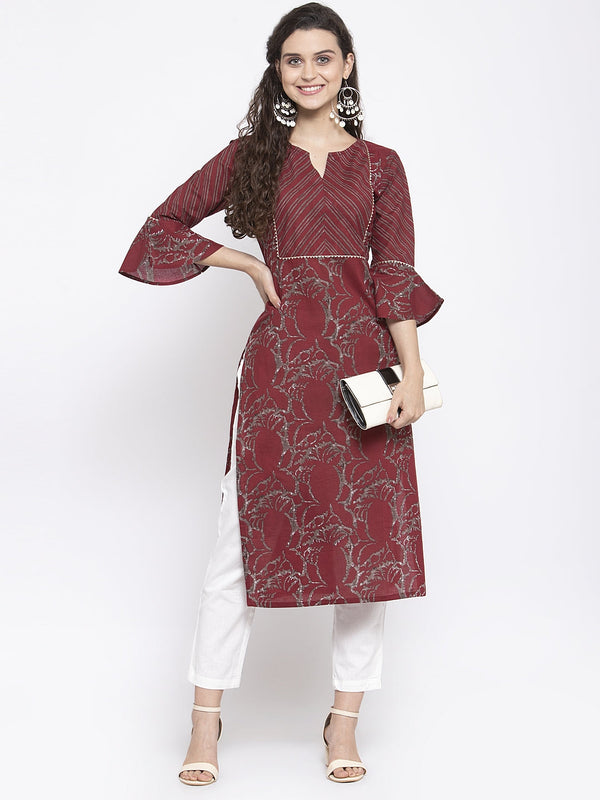 Indibelle Cotton Wine Abstract Print Straigth Kurta